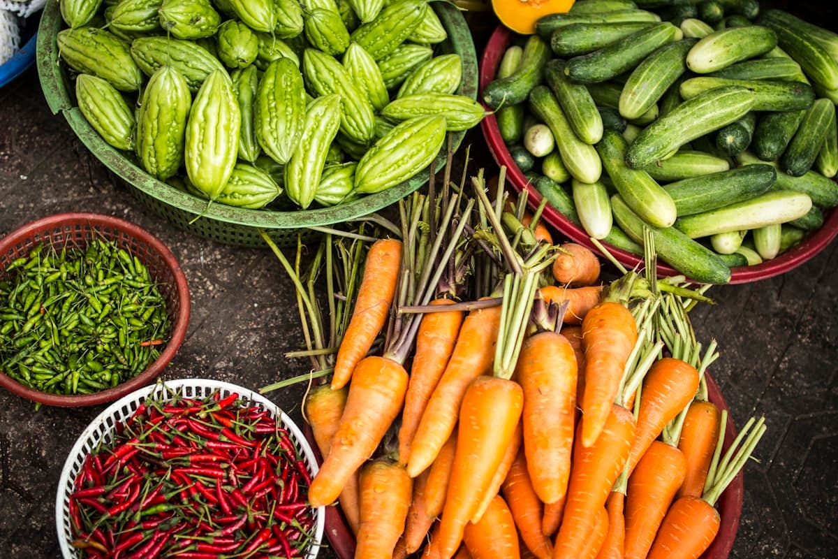 Cucumbers, carrots and chilli peppers